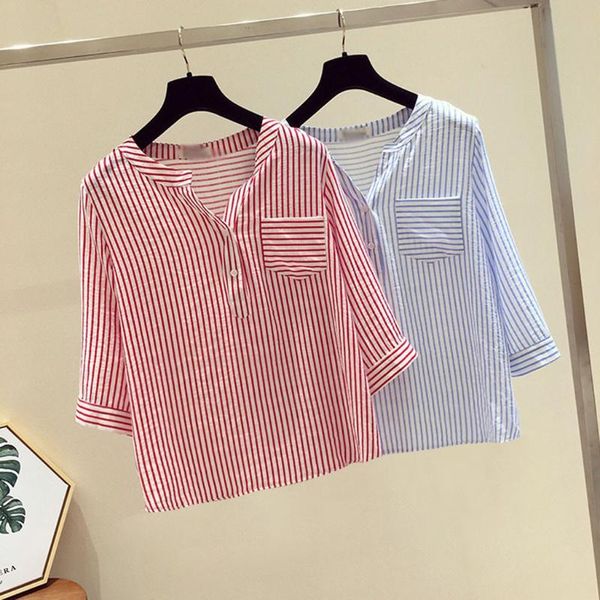 

fashion blouse women v-neck stripe print 3/4 sleeve pocket loose shirt blouse blusas de gasa mujer tunique femme bluzka, White