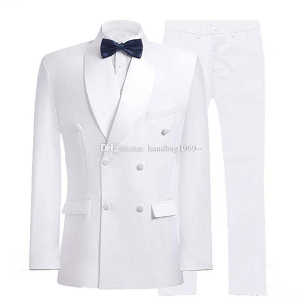 Yüksek Kaliteli Kruvaze Beyaz Damat Smokin Şal Yaka Groomsmen Erkek Takım Elbise Düğün / Balo / Akşam Yemeği Blazer (Ceket + Pantolon + Kravat) K367