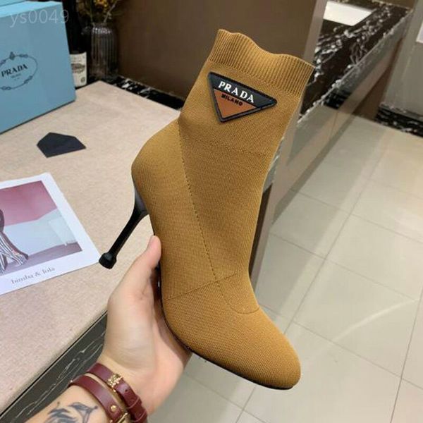

european station short boots women's stiletto high-heeled black boots women's spring and autumn 2020 new round head knitted boots