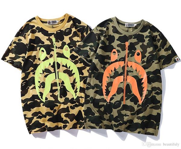 

2018 summer ape camouflage tshirts off shark printing t-shirt white men's leisure round neck loose short sleeves fog a, Black