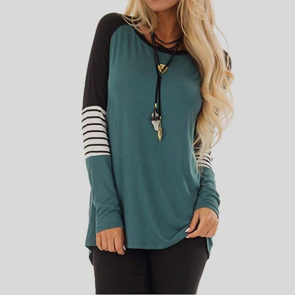

women t-shirt striped panelled print o neck casual plus size s- 5xl long sleeve american fashion, White