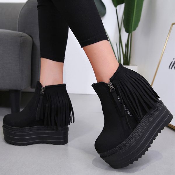 

women winter boots ankle length fringe zip platforms high wedge wild flock upper boots bota feminina cano longo plataforma#n3, Black