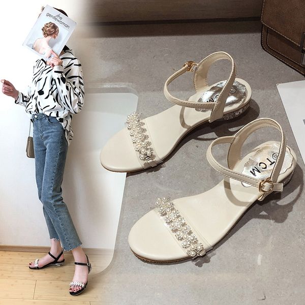 

buckle strap fashion womens shoes 2020 pearl sandals suit female beige clear heels large size heeled comfort block, Black