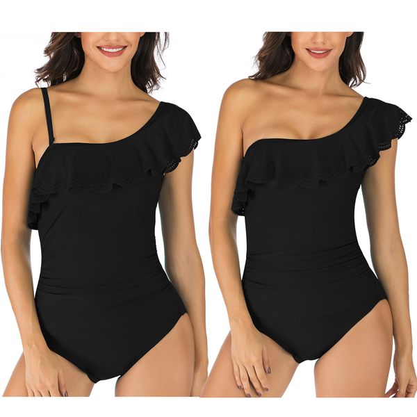 

women's one piece swimsuit new fashion swimwear ruffle edge beachwear halter single shoulder bathing suit black, White;black