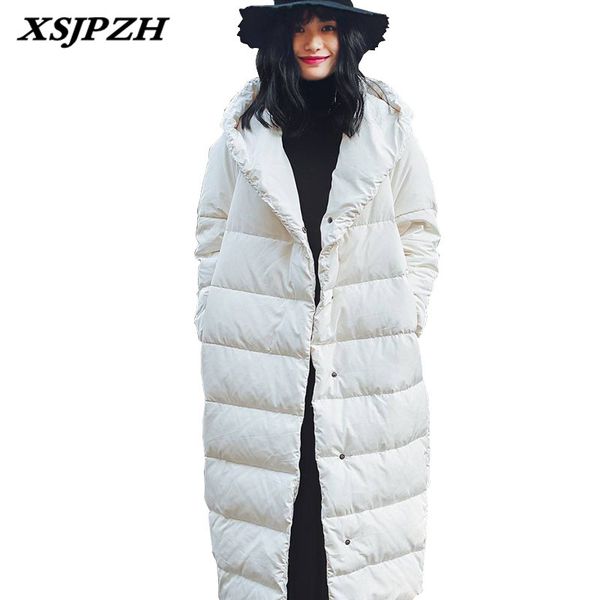 

xsjpzh 2018 winter new women's down coat large version of warm duck down solid color long coats simple loose hooded outer sh225, Black