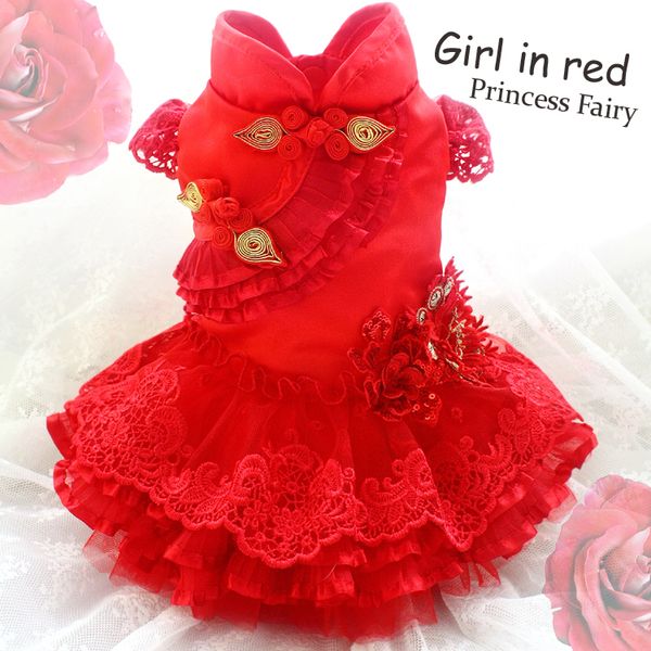 

handmade amazing red dog apparel dress golden frog lace layers bouffant yarn pet clothes evening gown luxury