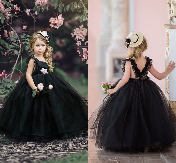 2021 preto Puffy Tulle menina Little Princess Pageant Bola Vestidos Spaghetti Party Girl Straps Backless Vestidos Vestidos de casamento AL4602