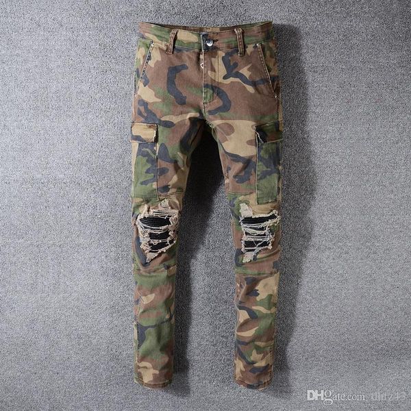 

american streetwear fashion men jeans camouflage military big pocket denim cargo pants ripped jeans slim fit hip hop jeans men t200410, Black
