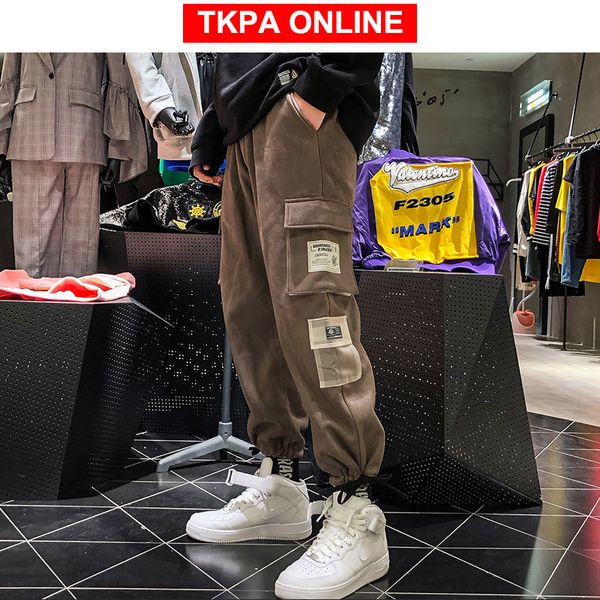 

streetwear cargo pants men 2020 man hip hop joggers pants male korean pockets track loose thick trousers, Black