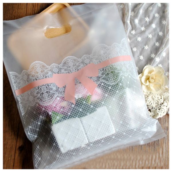 

lace bowknot plastic shopping bag with handle cloth gift packaging pouches frosted package handle bag 50pcs/lot