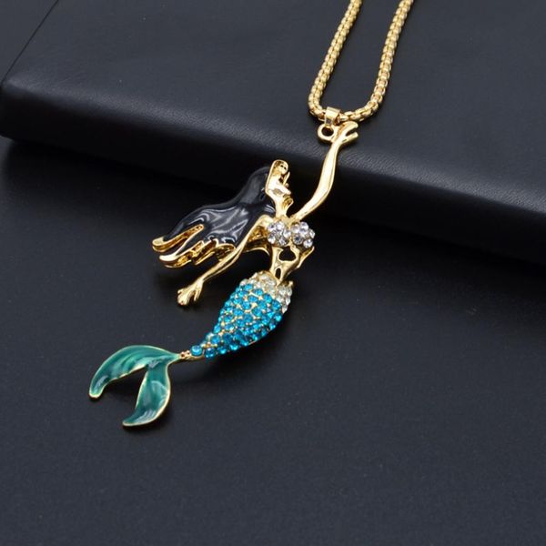 

women fashion rhinestone inlaid mermaid pendant necklace enamel party jewelry new, Bronze;silver