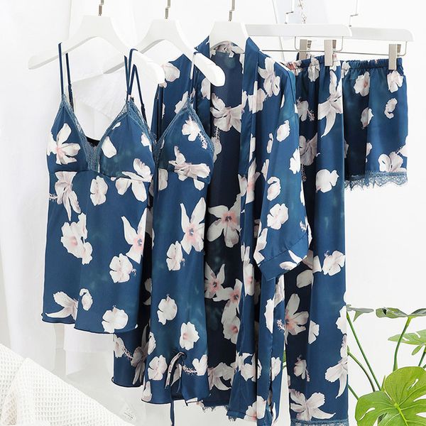 

5 pieces pajamas set summer autumn ice satin silk sleepwear floral print pajamas set with chest pads long pants home suit, Black;red