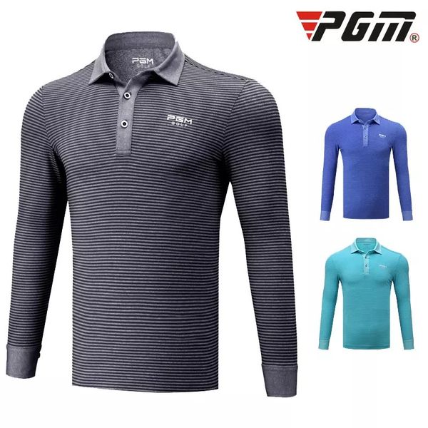 

pgm autumn winter golf clothing mens striped long-sleeved training shirts button collar t-shirt breathable anti-uv apparel d0487, Black;blue