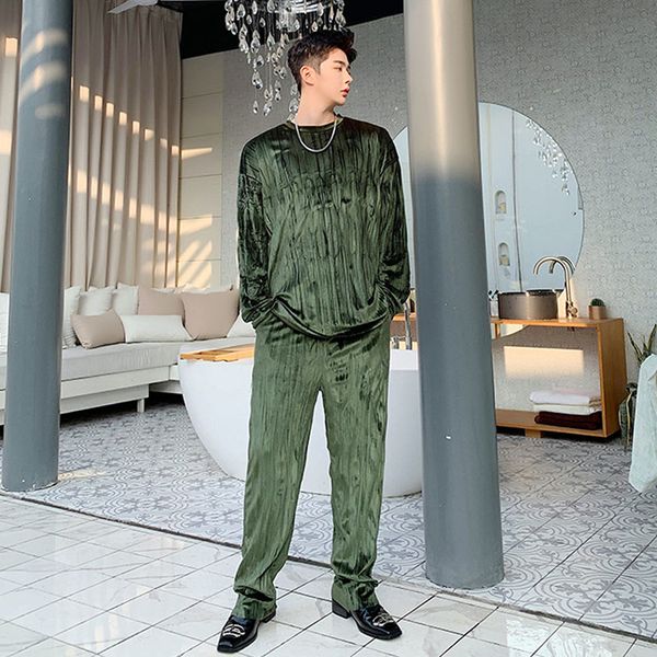 

men 2 pieces sets t-shirt trousers folds velvet long sleeve t shirt male japan streetwear hip hop vintage tees shirts pant, White;black