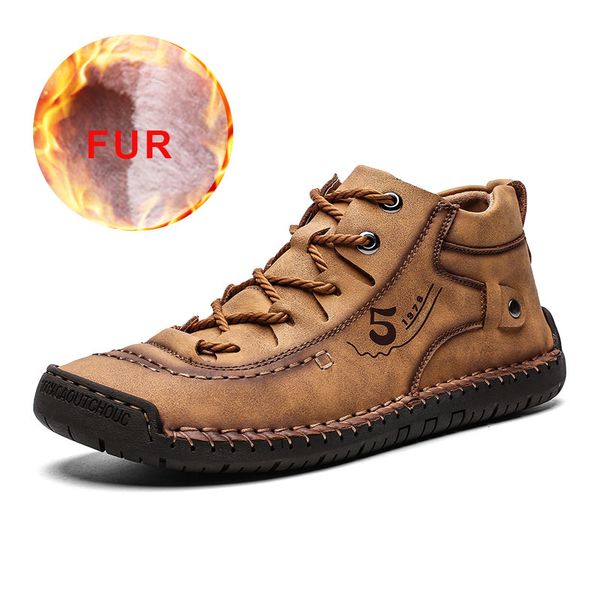 

2019 men shoes leather winter shoes men warm comfortable mans footwear fur waterproof ankle boots lace-up big size, Black