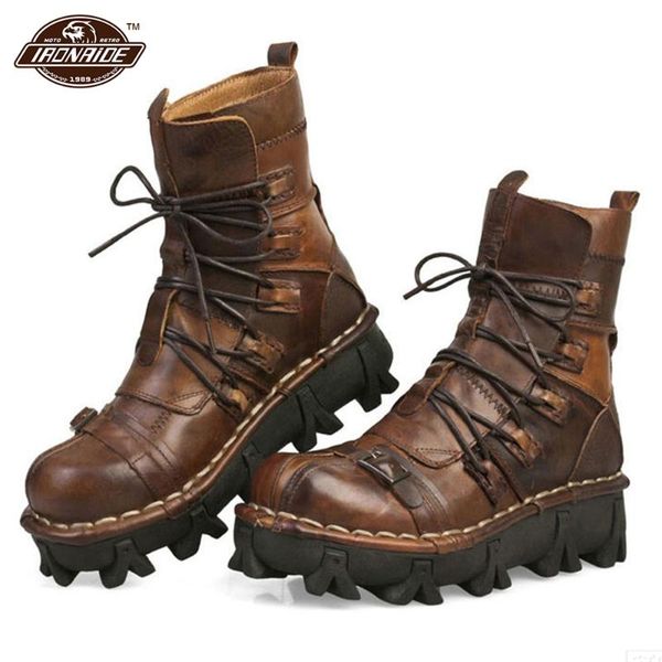 

new cowhide genuine leather motorcycle boots mid-calf botas moto skull punk motorcycle shoes steampunk shoes 38-49