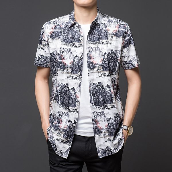 

exquisite 3d digital printing fashion casual short-sleeved shirt summer new quality cotton soft smooth icy cool men shirt -xxxl, White;black