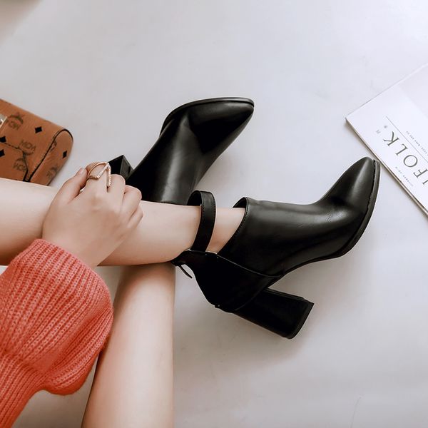 

2019 new bk218-4 autumn winter thick high heels new style zipper pure color retro ankle boots super size code, Black