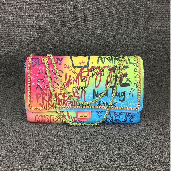 

new arrival big graffiti handbag rainbow chain bags large shoulder bag women travel bag huge overnight luxury handbag female