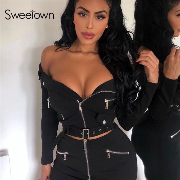 

sweetown black punk gothic crop jacket autumn streetwear zipper turn down collar moto & biker womens jackets and coats 2019, Black;brown