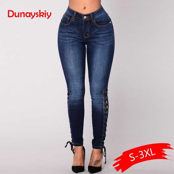 

2019 spring size zipper side lace up jeans skinny high waist pockets denim pant women jeans pencil pants trousers big size, Blue