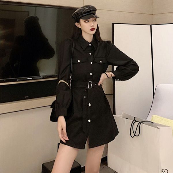 

2020 autumn new korean retro temperament lapel slim waist slimming single-breasted shirt dress women, White;black