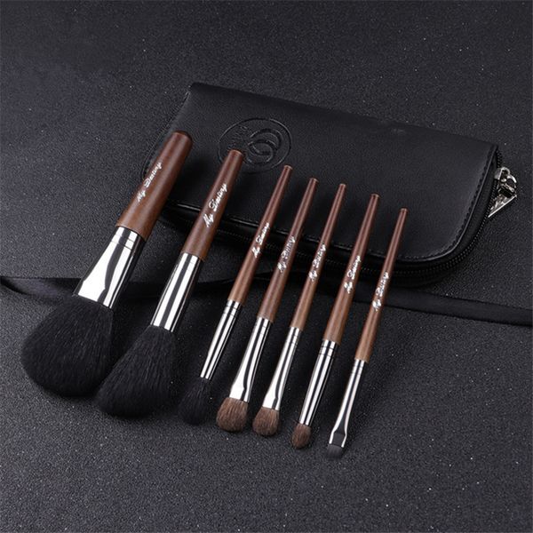

7pcs cosmetic brush set original wood goat hair powder blusher brush make up tool kit with leather bag