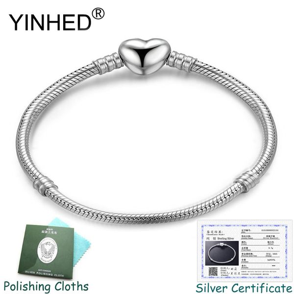 

send silver certificate yinhed original solid s925 silver diy jewelry heart charm snake chain bracelet bangles for women zb033, Golden;silver