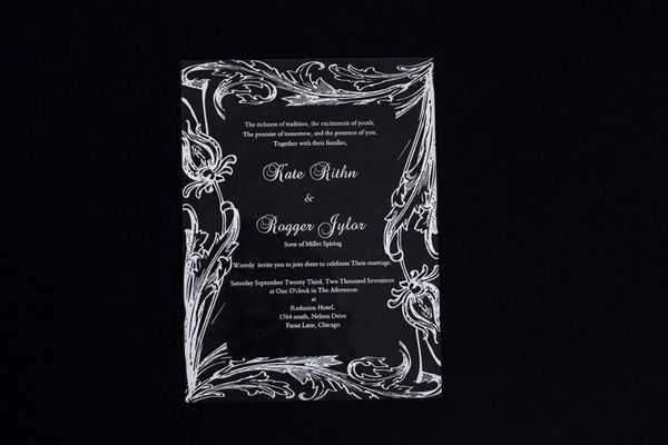 

custom acrylic wedding invitation, acrylic invitation, transparent table