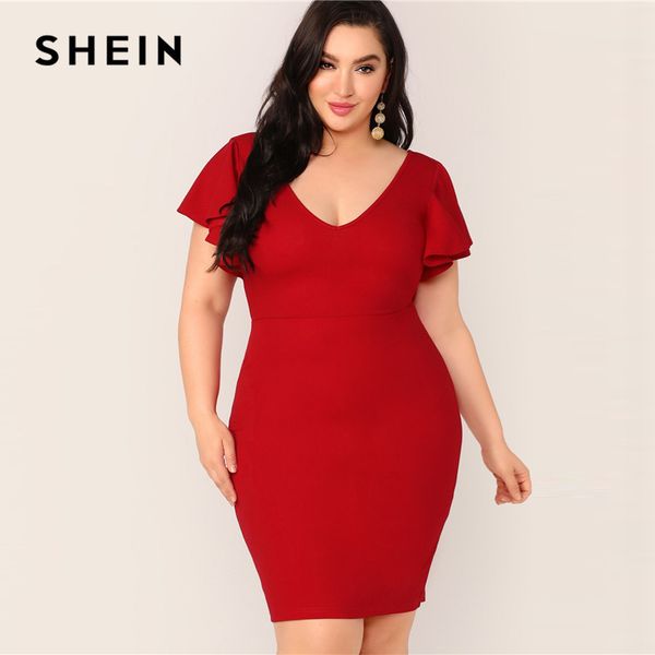 

shein plus size red zip back ruffle trim bodycon dress 2019 women summer elegant butterfly sleeve slim pencil v neck plus dress, Black;gray