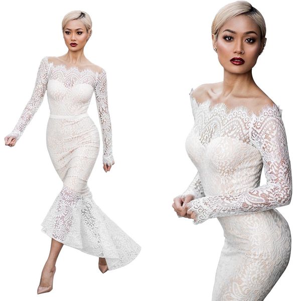 

lace fishtail dress bridesmaid dress party 2019 new charming long sleeves sweet white dress, Black