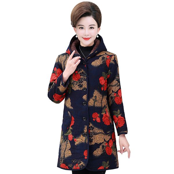 

2019 middle-aged women's winter jackets plus size 5xl autumn retro print warm plush long parkas winter long coat with hooded, Black