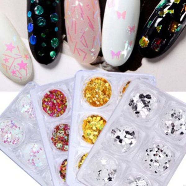 

full beauty 6pcs/set 3d irregular nail sequins mixed flower color glitter for uv gel flakes nail art decoration, Silver;gold