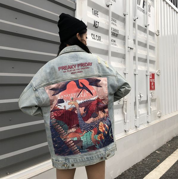 

denim jacket womens spring graffiti printed sequins denim coat long sleeve pearl loose harajuku bf jeans jacket holes outerwear, Black;brown