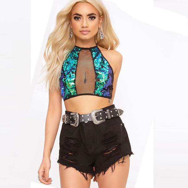 

special design casual halter sequins backless tank vest blouse sleeveless crop camiseta tirantes mujer, White