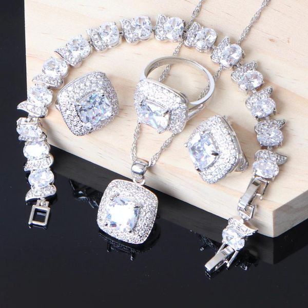 

silver 925 zirconia bridal jewelry sets for women costume jewelry pendant bracelet ring earrings necklace wedding sets, Slivery;golden