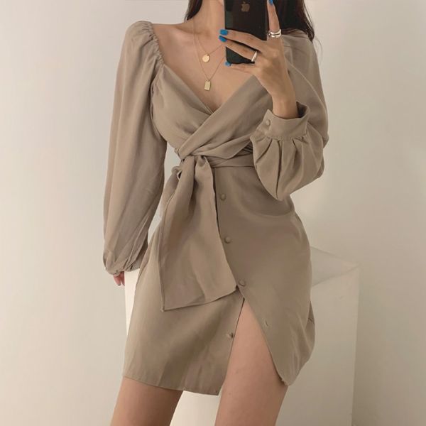 

runway designer 2020 women solid color v-neck single-breasted mini dress casual long sleeve high waist female dresses new, Black;gray