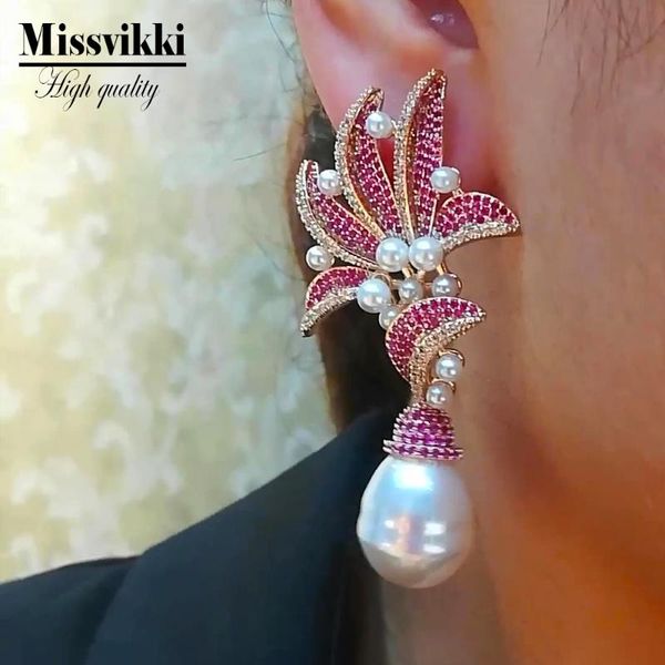 

missvikki unique design gorgeous natural pearl dangle earrings brand bijoux lady fashion zircon bridal wedding earrings, Silver