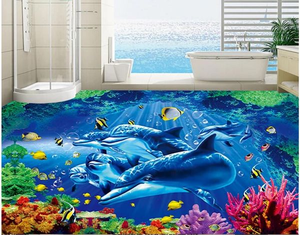 

3d pvc flooring custom p waterproof self-adhesive floor hd ocean world dolphin coral home decor living room wallpaper for walls 3 d