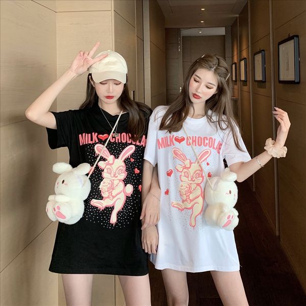 

loose round collar short sleeve t-shirt + rabbit bag 9791# loose round collar short sleeve t-shirt + rabbit bag 9791#, White