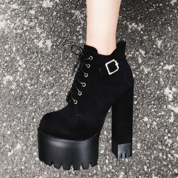 

fashion black boots woman high heels lace up ankle boots buckle platform artificial leather women shoes 15cm party ankle