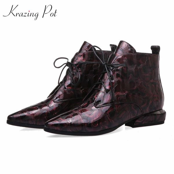 

krazing pot new british style fashion print genuine leather boots pointed toe med heels keep warm lace up women ankle boots l27, Black