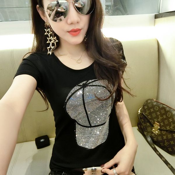 

new female t-shirts t-shirt fashion print rhinestone cotton t-shirts for women blusas summer diamond, White