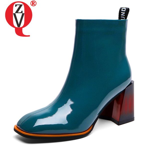 

zvq genuine leather women's shoes 2019 winter autumn office blue black ankle boots 34-40 size square toe 6cm high heels booties