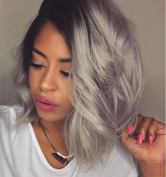 Fashion Ombre Silver Grey Bodywave Lace Front Wig Glueless Long
