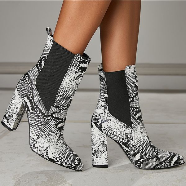 

botas mujer pu leather women ankle boots autumn winter snake print high heels pointed toe ladies shoes punk boots, Black