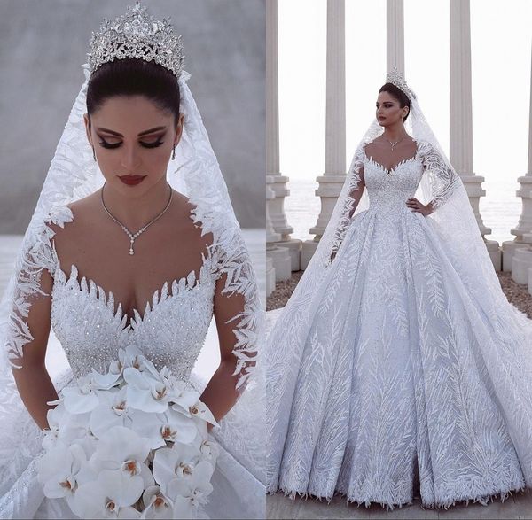 

2020 arabian полный бисер кружева бальное свадебные платья милая блестки beadings с длинным рукавом свадебное платье роскошная платье-де-nov, White