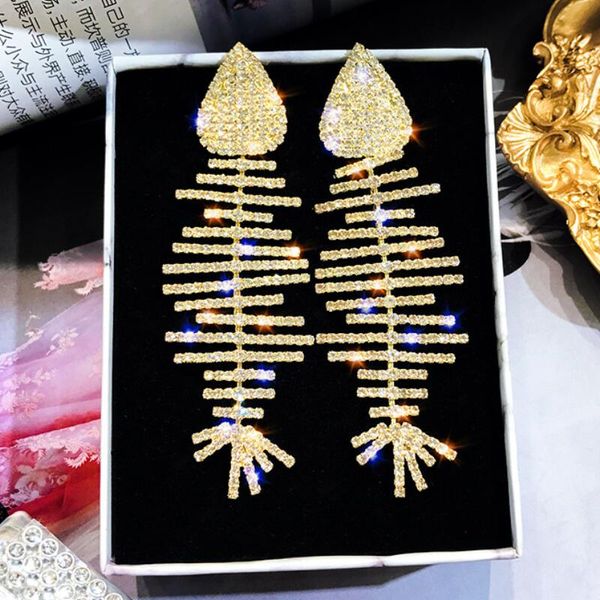 

bling rhinestone hyperbole fishbone earrings huge big long tassle disco club party diamante women earring jewelry, Silver