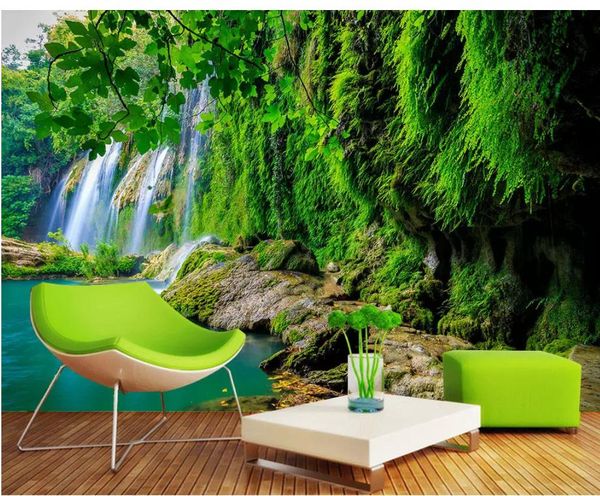 Горный ручей водопад зелёный свежий тв фон обои на стену 3 д для гостиной