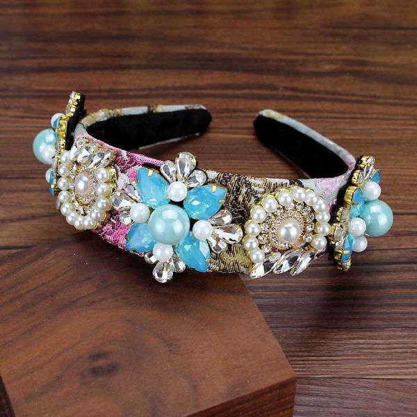 

light blue crystal opal crown headbands rhinestone pearl bride hairbands fashion party hair jewelry for women, Golden;white